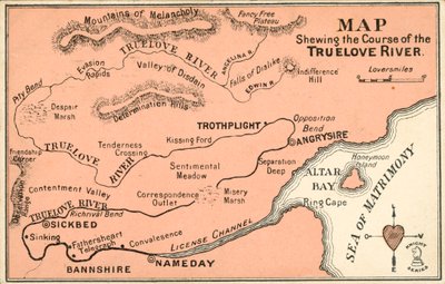 Mapa fictício do curso do rio TrueLove (cor litho) de English School