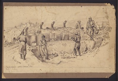 Cozinha de campo na fortaleza de Nis, Sérvia, Guerra servo-búlgara, 28 de Novembro de 1885 (desenho) de English School
