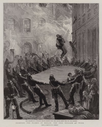 Combate às Chamas em Berlim, o Corpo de Bombeiros em Ação (gravura) de English School
