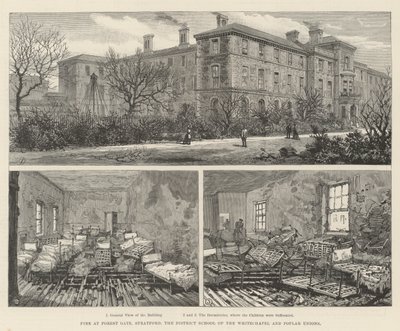 Incêndio em Forest Gate, Stratford, a Escola Distrital das Uniões de Whitechapel e Choupo (gravura) de English School