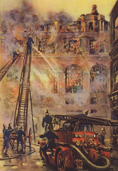 Bombeiros combatendo um incêndio em um grande hotel (lito colorido) de English School