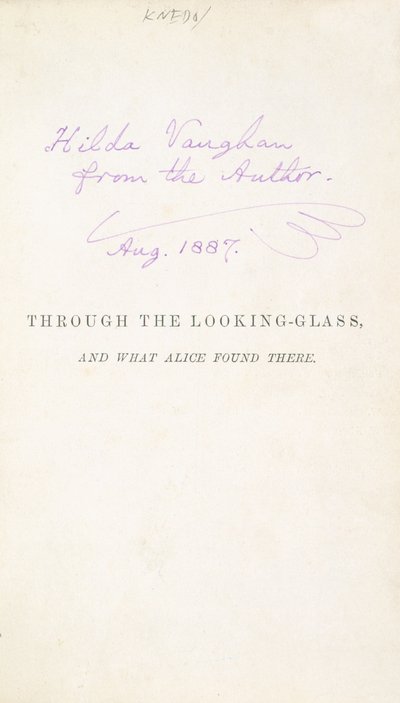 Primeira edição de Lewis Carrolls Alice através do espelho, com a inscrição dos autores para Hilda Vaughn, 1887 de English School