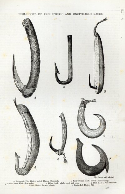 Anzóis de raças pré-históricas e não-civilizadas, de &39;Leisure Hour&39;, 1888 (gravura) de English School