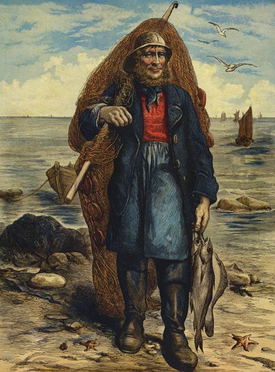 Pescador carregando as suas redes e segurando a sua captura de peixe (gravura colorida) de English School