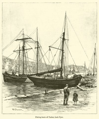 Barcos de pesca ao largo de Tarbet, Loch Fyne (gravura) de English School