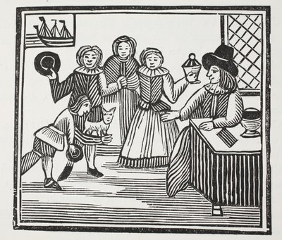 Fitzwarren que recebe seus empregados empreendimentos, ilustração dos Chap-livros do século XVIII por John Ashton, bar. 1882 de English School