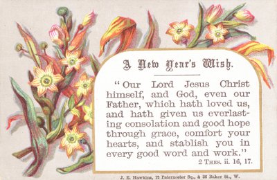 Flores e verso religioso, cartão de ano novo de English School
