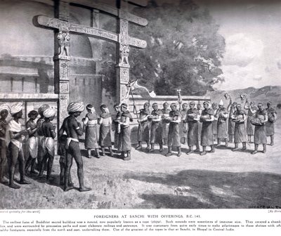 Estrangeiros em Sanchi com ofertas em 145 aC, ilustração da Hutchinsons História das Nações, c.1910 de English School