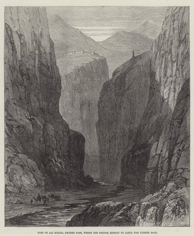 Forte de Ali Musjid, Khyber Pass, onde a Missão Britânica em Cabul foi devolvida (gravura) de English School