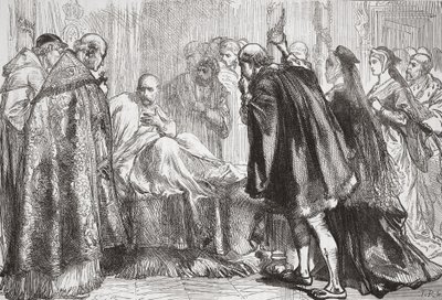 Francis I em seu leito de morte, ilustração da História do Protestantismo por James Aitken Wylie (1808-1890), pub. 1878 de English School