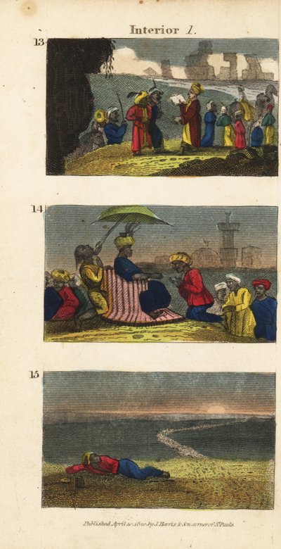 Frederick Horneman lendo o Corão aos Berberes de Siwa Oasis 13, uma caravana saudando o Sultão de Fezzan 14, e um viajante deixado para trás no deserto de English School