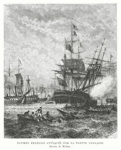 Navios de guerra franceses atacados por uma frota britânica de English School