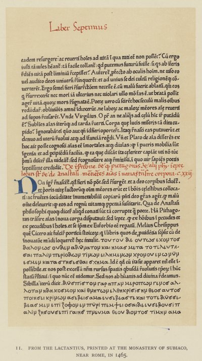 Do Lactantius, impresso no Mosteiro de Subiaco, perto de Roma, em 1465 (litho) de English School