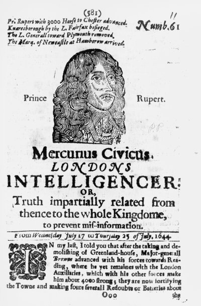 Primeira página do Mercurius Civicus, publicada em 1644 de English School