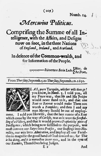 Primeira página, do Mercurius Politicus, em defesa da Commonwealth e pela informação do povo, 1650 de English School