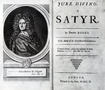 Frontispício e página de título para Jure Divino: A Satyr por Daniel Defoe, publicado 1706 de English School