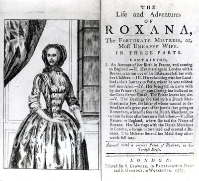 Frontispício e página de título para A vida e aventuras de Roxana por Daniel Defoe, publicado em 1765 de English School
