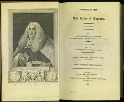 Frontispício e página de título de comentários sobre as leis da Inglaterra em quatro livros, por Sir William Blackstone, Knt., Publicado por M. e S. Brooke, Londres, 1811 de English School