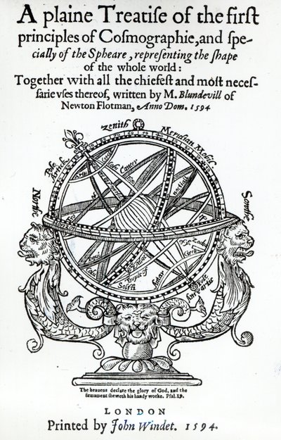 Frontispício de Um Tratado Simples dos Primeiros Princípios de Cosmographie de Thomas Blundeville, publicado em 1594 de English School
