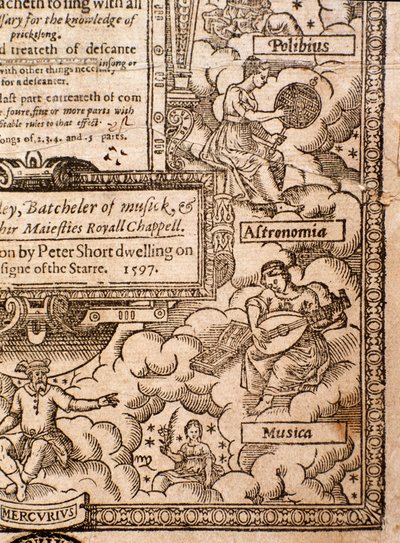 Frontispício de A Plaine e Easie Introdução ao Practicalall Musicke por Thomas Morley, detalhe, 1597 de English School