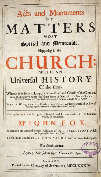 Frontispício, de Atos e Monumentos de John Foxe, nona edição, pub. 1684 de English School