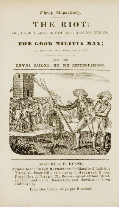 Frontispício de "O motim, ou, Meio pão é melhor do que pão nenhum; O bom miliciano, ou, O homem que vale a pena hospedar; e, O marinheiro leal, ou, sem amotinado", c.1839-44 de English School
