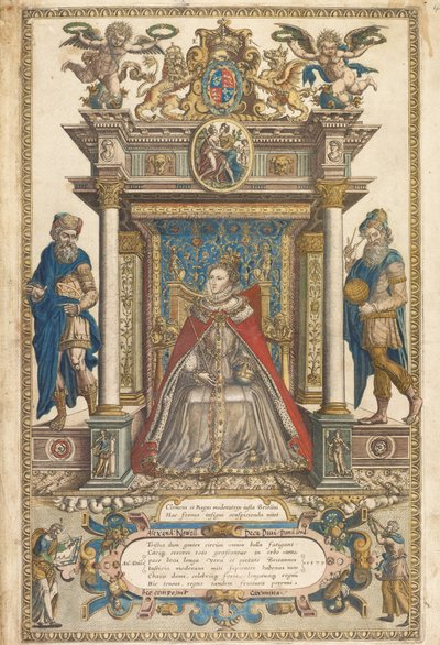 Frontispício do Atlas dos Países da Inglaterra e País de Gales por Christopher Saxon, Londres 1579 (gravura colorida à mão) de English School