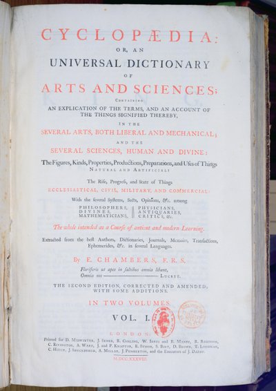 Frontispício da Enciclopédia: Um Dicionário Universal de Artes e Ciências, vol. Eu, de Ephraim Chambers, Londres, 1738 (papel impresso) de English School