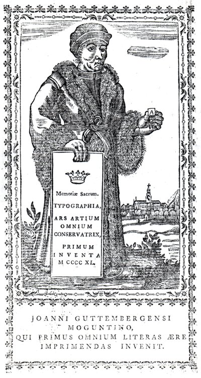 Frontispício de Johannes Gutenberg de A Concise History of the Origin and Progress of Printing por Philip Luckombe, publicado em 1770 de English School