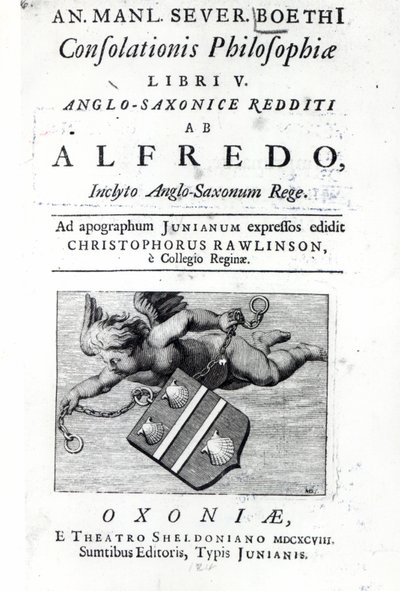 Frontispiece a tradução Christopher Rawlinson de Alfred a maior edição da Boethius Consolação da Filosofia, 1698 (impressão) de English School