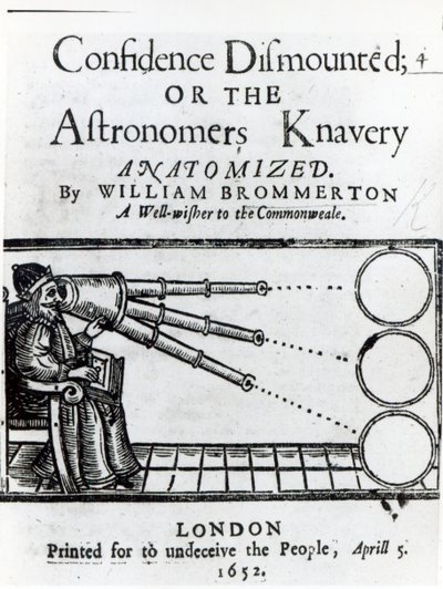 Frontispício à Confiança Desmontado; ou os astrónomos Knavery Anatomized por William Brommerton, publicado em 1652 de English School