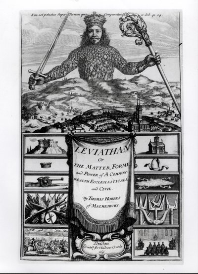 Frontispício ao Leviathan ou a matéria, Forme e poder de uma riqueza comum Ecclesiasticall e Civil, 1651, por Thomas Hobbes (1588-1679) de Malmesbury de English School