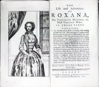 Frontispício para Roxana, The Fortunate Mistress por Daniel Defoe, edição publicada em 1765 (impressão) de English School