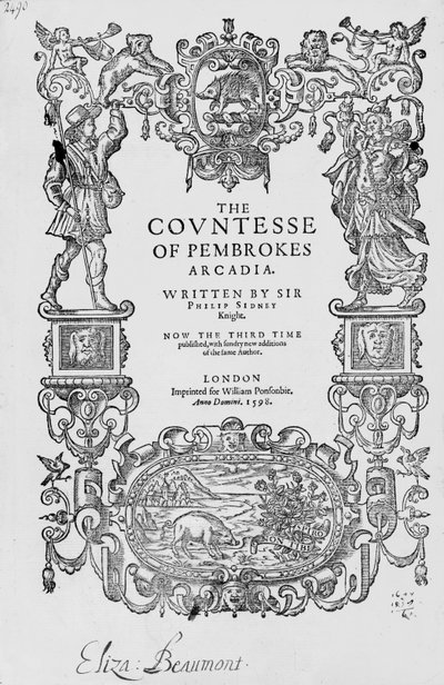 Frontispício da Condessa de Pembrokes Arcadia, 1592, por Sir Philip Sidney (1554-1586), terceira edição, pub.1598 de English School