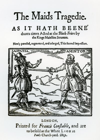 Frontispício de The Maids Tragedy por Sir Francis Beaumont (1584-1616) e John Fletcher (1579-1625) 1622 de English School