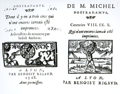 Frontispício das profecias de M. Michel Nostradamus, pub. por Benoist Rigaud, 1568 de English School