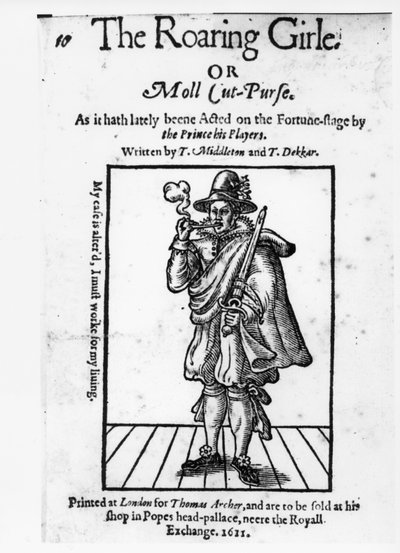Frontispício de The Roaring Girle ou Moll Cut-Purse por Thomas Middleton (1580-1627) e Thomas Dekker (c.1570-1632) 1611 de English School
