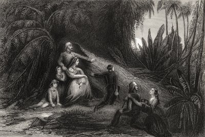 Oficiais fugitivos com suas famílias escondendo-se em púrpura, de "A História do Motim Indiano", publicado em 1858 de English School