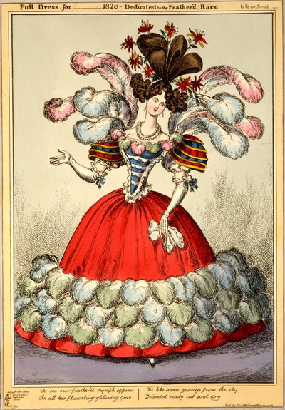 Vestido Completo para _ 1828 - Dedicado à Corrida de Penas, 1828 (gravura colorida à mão) de English School