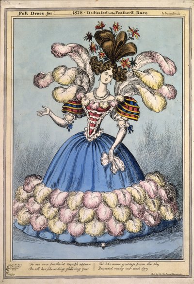 Vestido cheio para 1828. Dedicado à Corrida de Featherd, pub. Londres, 1828 (gravura colorida à mão) de English School