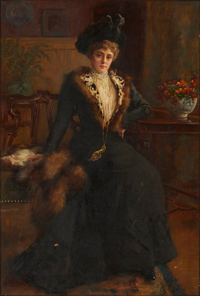 Retrato de corpo inteiro de uma jovem em vestido forrado de pele (óleo sobre tela) de English School