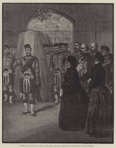 Funeral do Duque de Albany, a rainha que recebe o corpo na estação ferroviária de Windsor (gravura) de English School