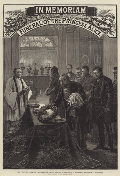 Funeral da Princesa Alice, o Príncipe de Gales e o Príncipe Leopoldo colocando Grinaldas no Caixão do Mausoléu da Família em Rosenhohe (gravura) de English School