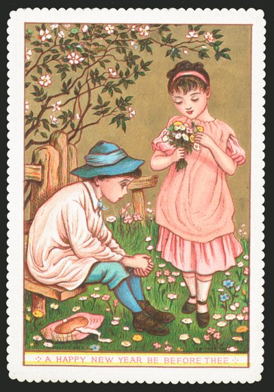 Garota com flores falando com menino sentado, cartão de ano novo de English School