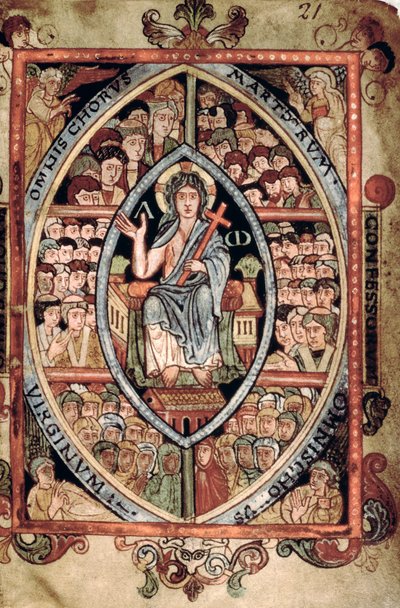 Galba A XVIII f.21r, Cristo em Majestade, do Athelstan Psalter, Old Minster, Winchester, 925-50 (vellum) de English School