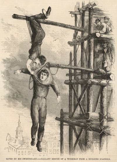 Salvamento galante de um trabalhador de um andaime de edifício de English School