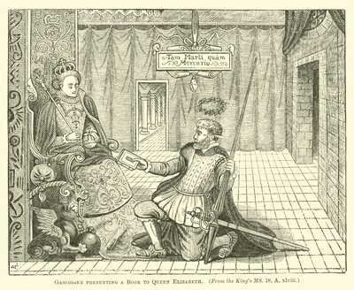 Gascoigne apresentando um livro para a rainha Elizabeth de English School