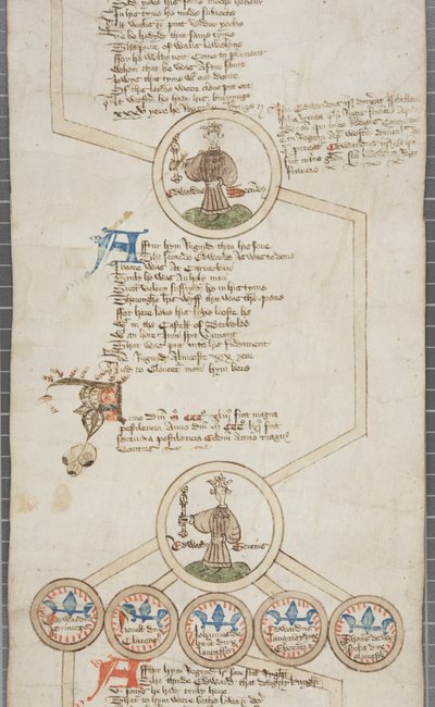 Rolo genealógico dos reis da Inglaterra, c.1440-79 (caneta e tinta sobre pergaminho) de English School
