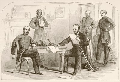 O General Joseph Eggleston Johnston rende o Exército do Tennessee ao General William Tecumseh Sherman (litografia) de English School