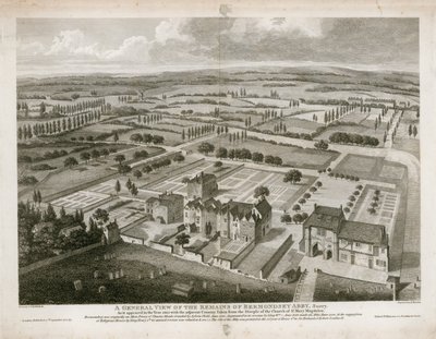 Vista geral dos restos da Abadia de Bermondsey, como apareceu em 1805 de English School